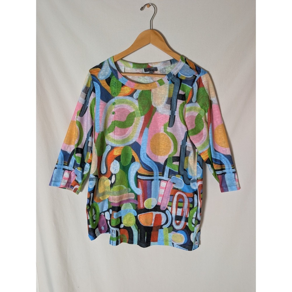 Art Deco Colorful Shana Button Detail Geometric Half Sleeve Blouse L